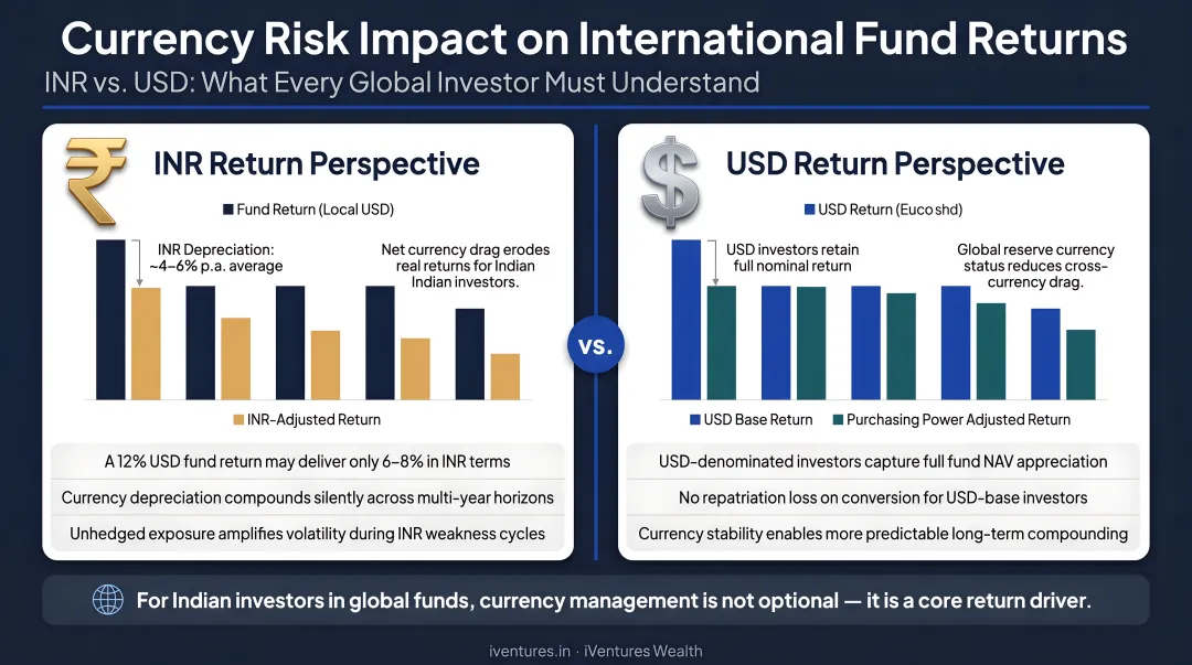 Currency risk impact on international fund returns INR versus USD comparison illustration