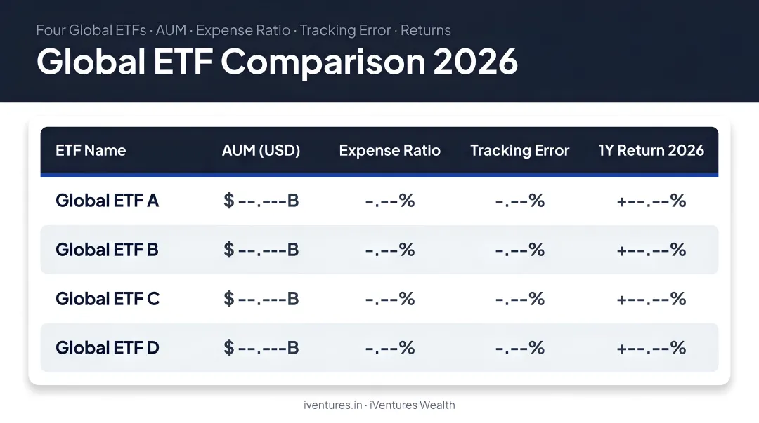 Four global ETFs comparison table AUM expense ratio tracking error and returns 2026