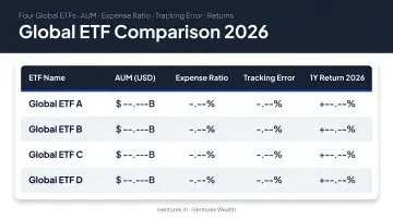 Four global ETFs comparison table AUM expense ratio tracking error and returns 2026