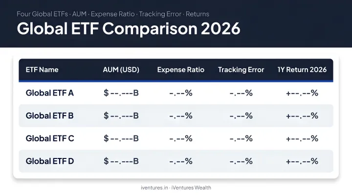 Four global ETFs comparison table AUM expense ratio tracking error and returns 2026
