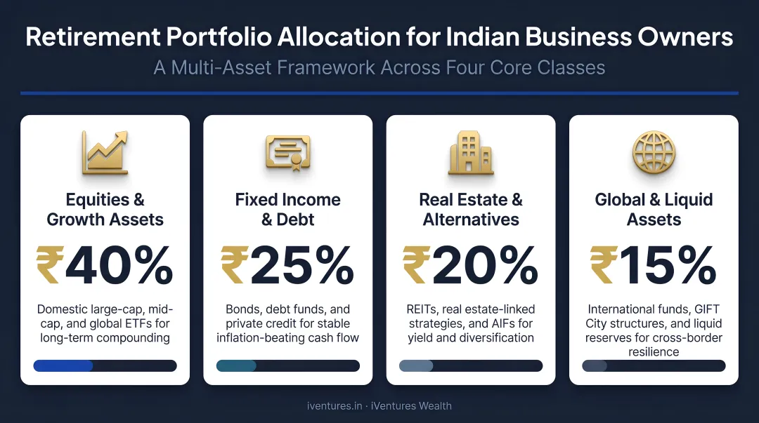 Multi-asset retirement portfolio breakdown for Indian business owners across four asset classes