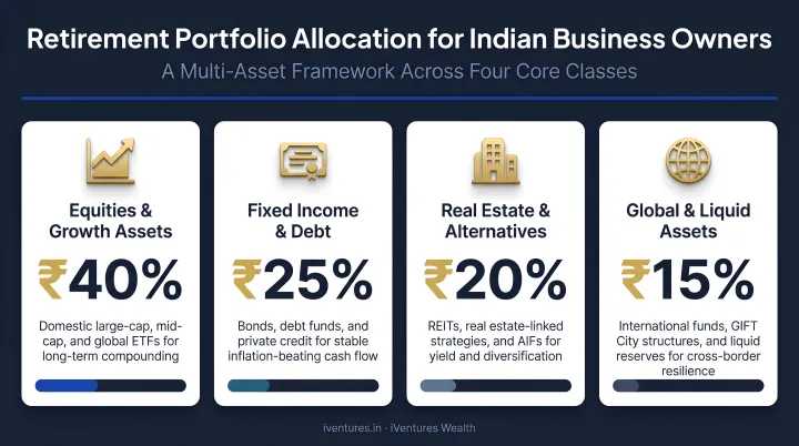 Multi-asset retirement portfolio breakdown for Indian business owners across four asset classes