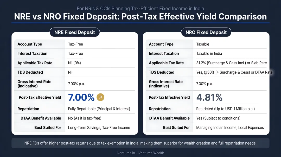 NRE versus NRO fixed deposit post-tax effective yield comparison infographic