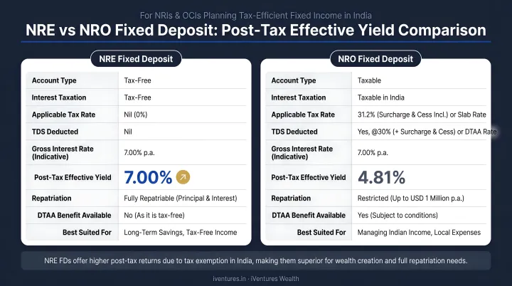 NRE versus NRO fixed deposit post-tax effective yield comparison infographic