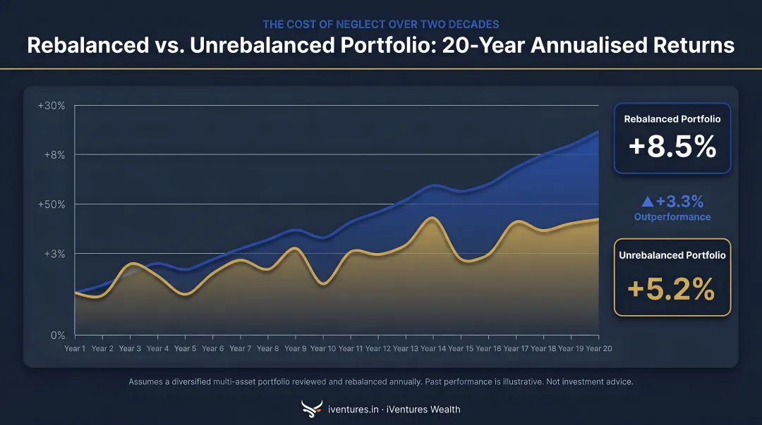 Rebalanced versus unrebalanced portfolio annualised returns comparison over 20 years