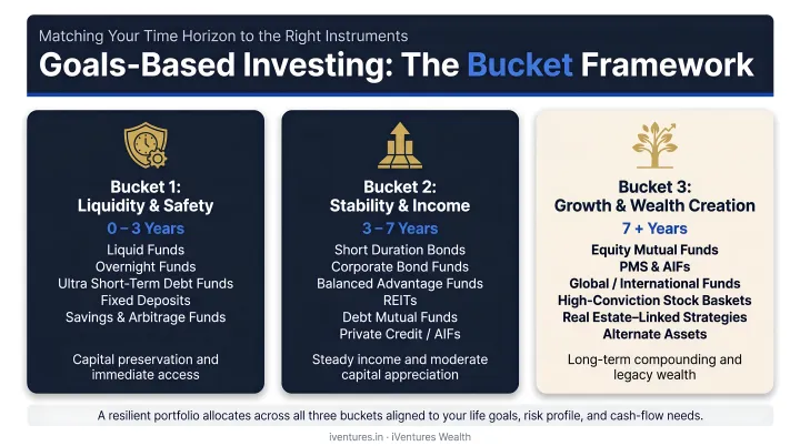 Goals-based investing bucket structure matching timelines to investment instruments