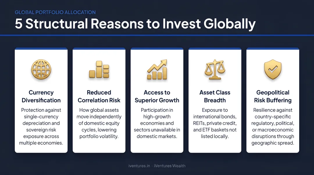 5 structural reasons for global allocation infographic with icons and descriptions
