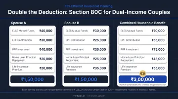 Dual-spouse Section 80C tax deduction breakdown showing combined household savings potential