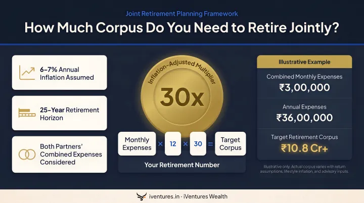Joint retirement corpus calculation framework showing inflation-adjusted 30x multiplier over 25 years