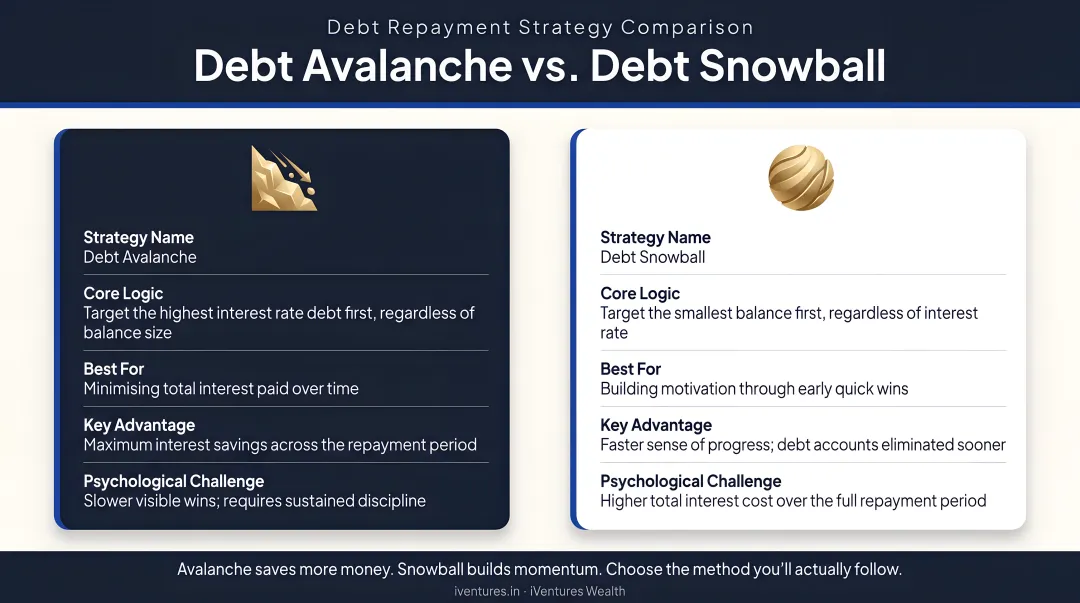 Debt avalanche versus snowball repayment method comparison strategy infographic