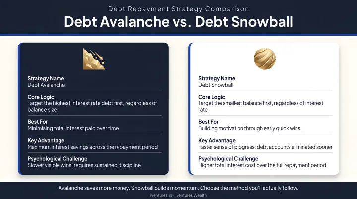 Debt avalanche versus snowball repayment method comparison strategy infographic