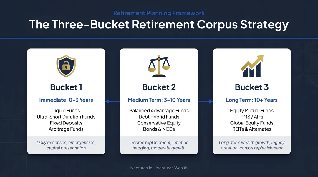 Three-bucket retirement corpus allocation strategy by time horizon and asset type