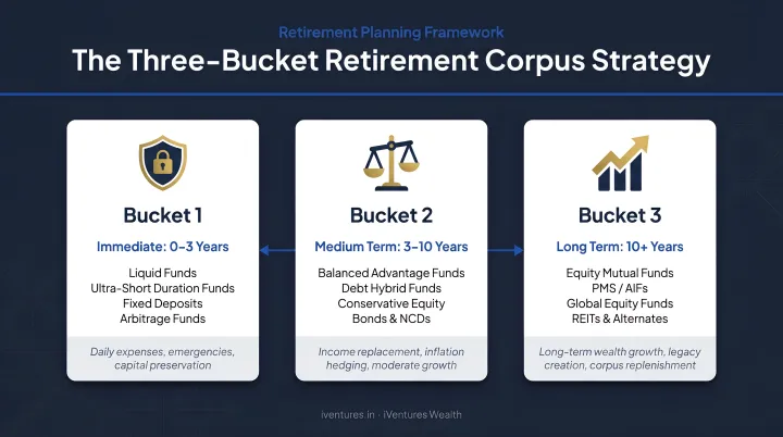 Three-bucket retirement corpus allocation strategy by time horizon and asset type
