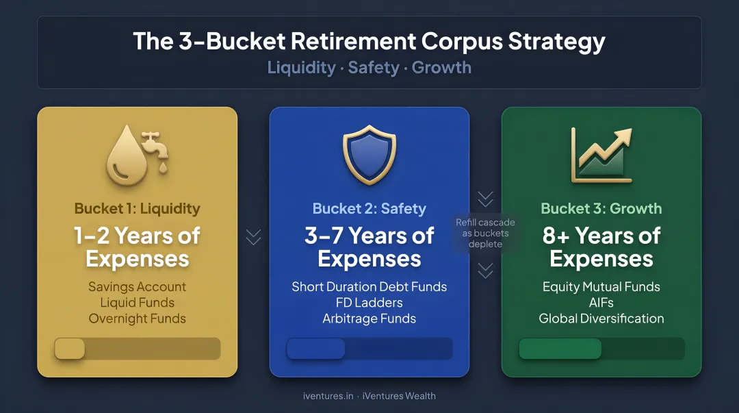 3-bucket retirement corpus strategy liquidity safety and growth allocation