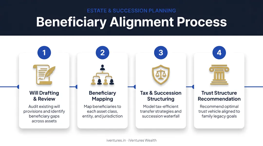 4-step beneficiary alignment process from will drafting to trust structure recommendation