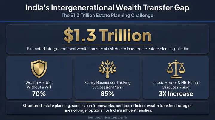 India intergenerational wealth transfer statistics showing 1.3 trillion dollar gap in estate planning