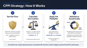 CPPI strategy four-step mechanics process flow with floor cushion and multiplier
