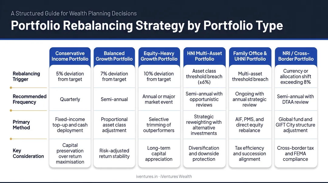 Portfolio rebalancing strategy comparison chart by portfolio type and recommended approach