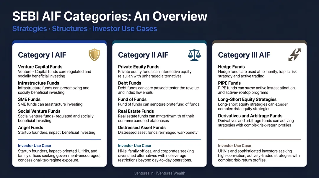 Three SEBI AIF categories overview with strategies and investor use cases