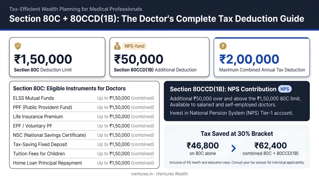 Section 80C and 80CCD1B combined tax deduction saving breakdown for dentists infographic