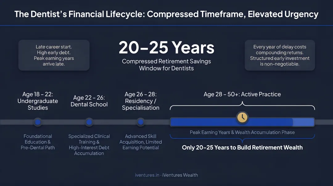 Dentist career timeline showing compressed 20-25 year retirement savings accumulation window