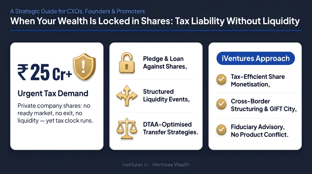 Senior executive reviewing urgent tax liability documents with illiquid private company shares