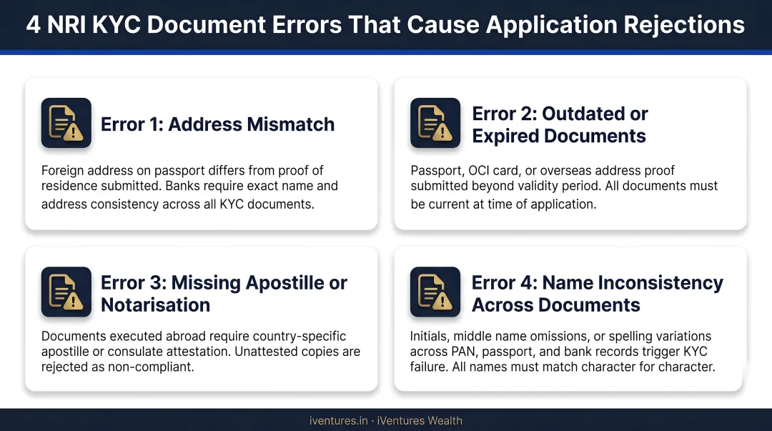 Four common NRI KYC document errors causing application rejections infographic