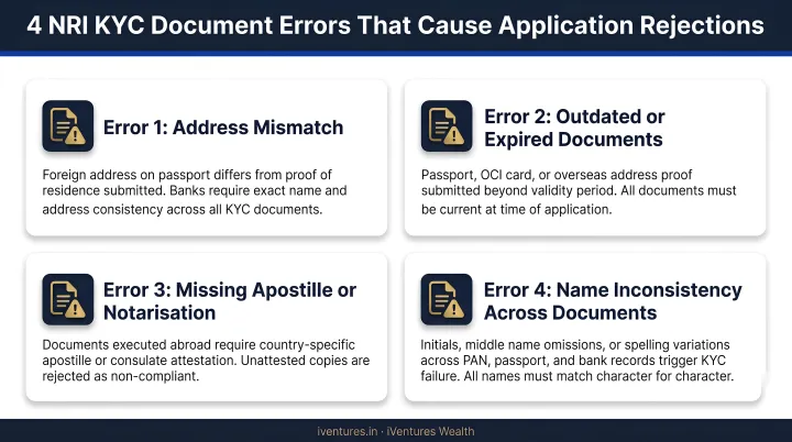 Four common NRI KYC document errors causing application rejections infographic