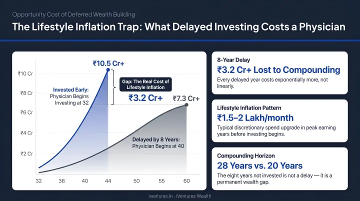 Lifestyle inflation opportunity cost showing compounding impact of delayed physician investing