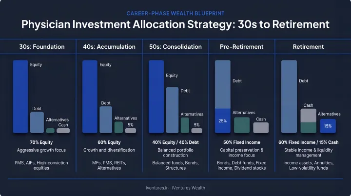 Physician investment allocation strategy by career phase from 30s to retirement
