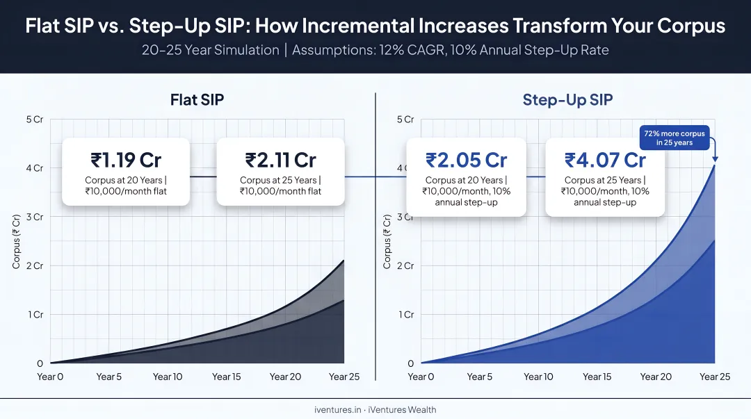 Flat SIP versus step-up SIP corpus comparison over 20 to 25 years