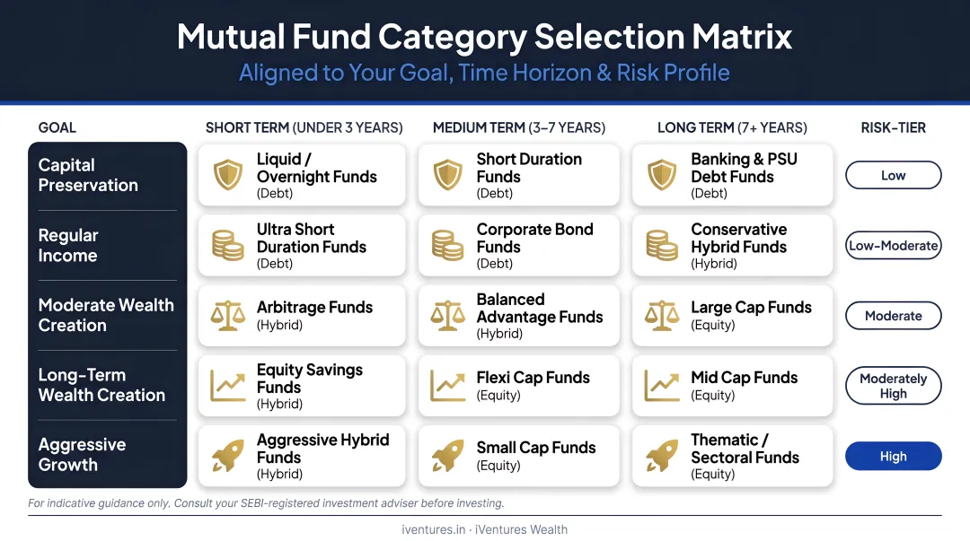 Goal-based mutual fund category selection matrix by time horizon and risk