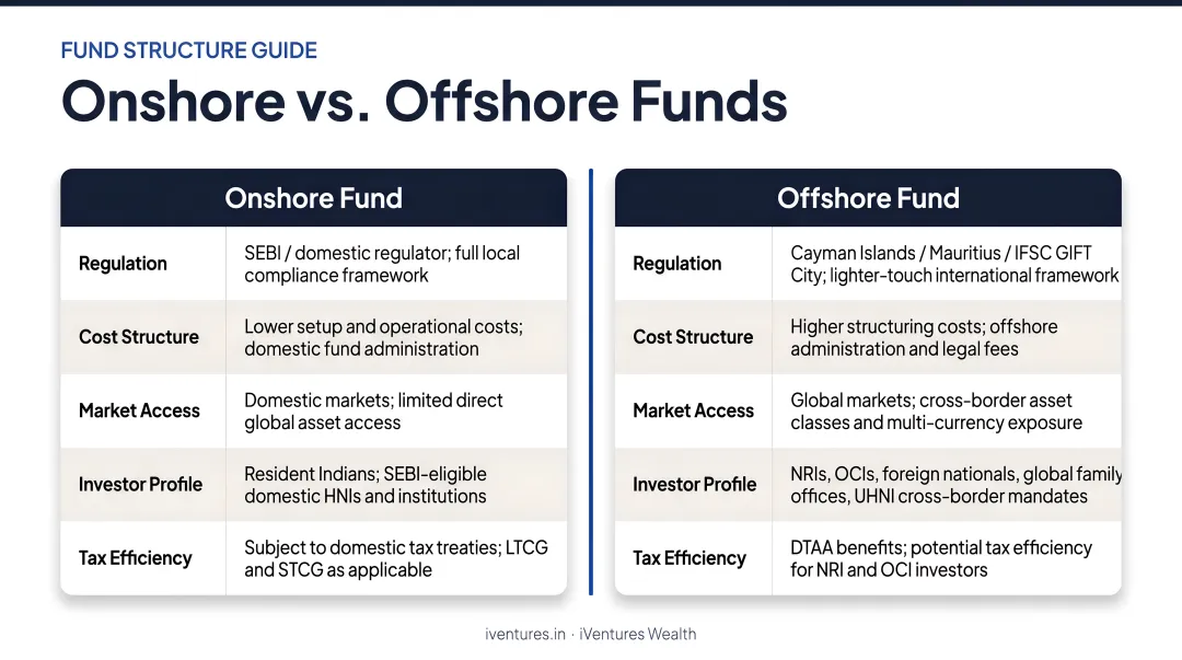 Onshore versus offshore fund comparison table covering regulation costs access and investor profile