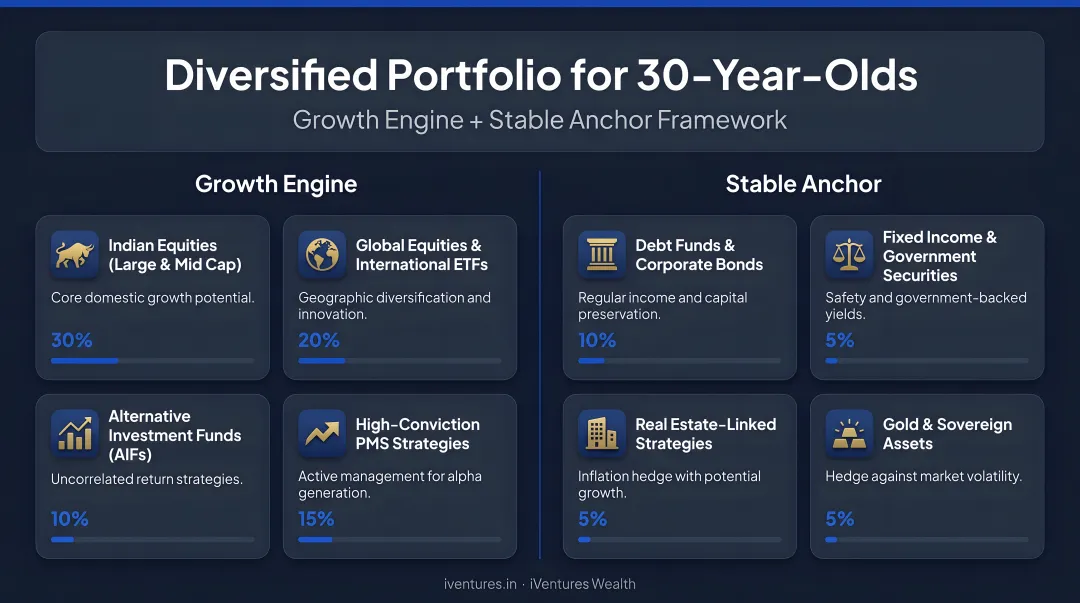 Diversified retirement portfolio for 30-year-olds showing growth engine and stable anchor instruments