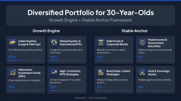 Diversified retirement portfolio for 30-year-olds showing growth engine and stable anchor instruments