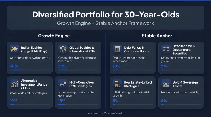 Diversified retirement portfolio for 30-year-olds showing growth engine and stable anchor instruments