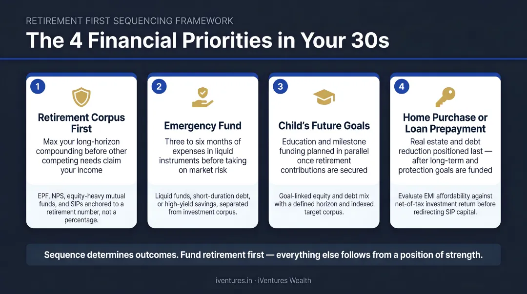 Four competing financial priorities in your 30s with retirement first sequencing framework