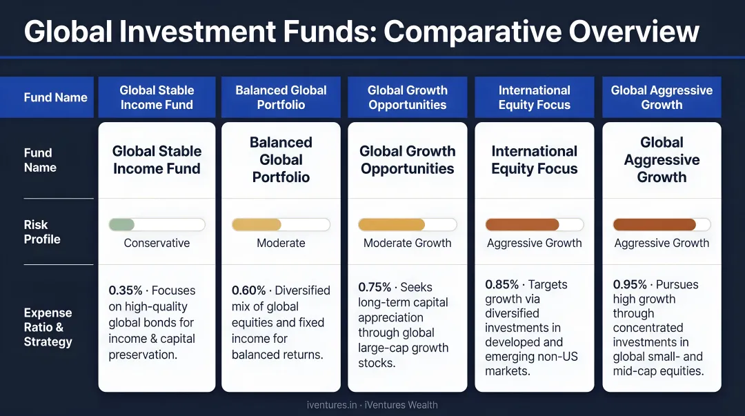 Five global investment funds comparison across risk profile expense ratio and strategy