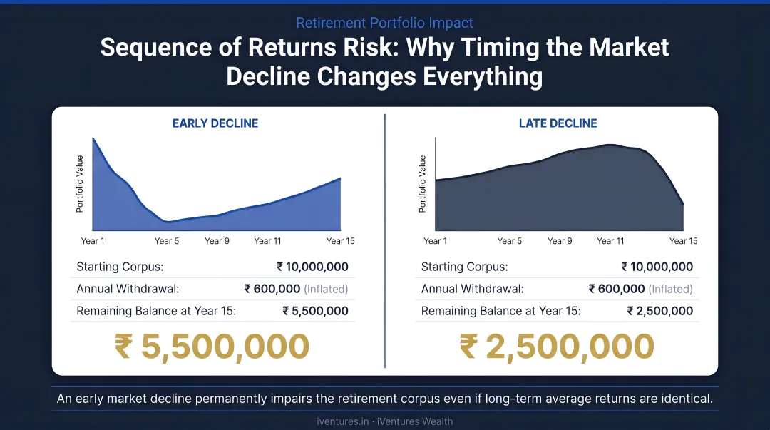 Sequence of returns risk early versus late market decline corpus impact comparison