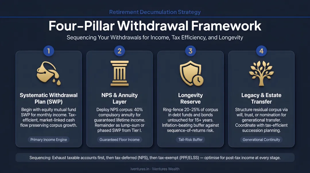 Four-pillar retirement decumulation strategy framework withdrawal sequencing SWP NPS longevity