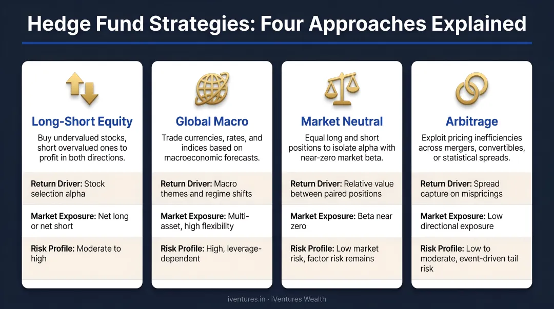 Four hedge fund strategies long-short global macro market neutral arbitrage explained
