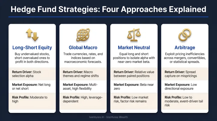 Four hedge fund strategies long-short global macro market neutral arbitrage explained
