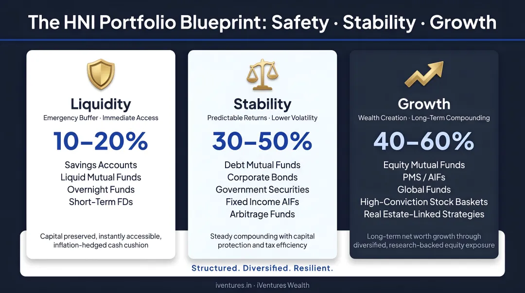 Three-bucket HNI portfolio liquidity structure safety stability and growth