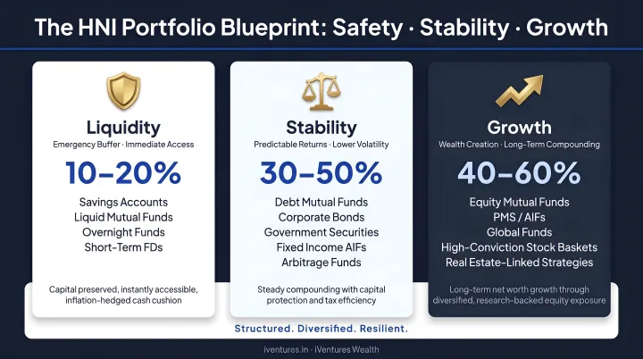 Three-bucket HNI portfolio liquidity structure safety stability and growth
