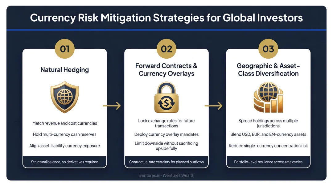 Three currency risk mitigation strategies for global investors process flow infographic