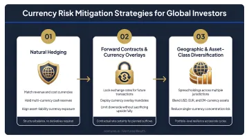 Three currency risk mitigation strategies for global investors process flow infographic