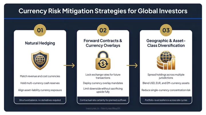 Three currency risk mitigation strategies for global investors process flow infographic