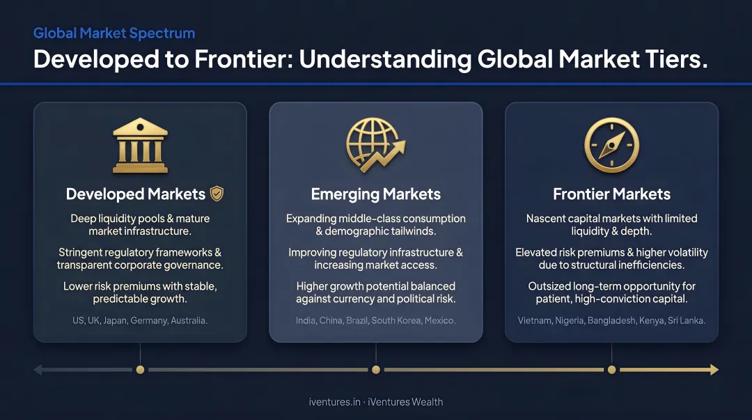 Three-tier global market spectrum from developed to frontier markets infographic