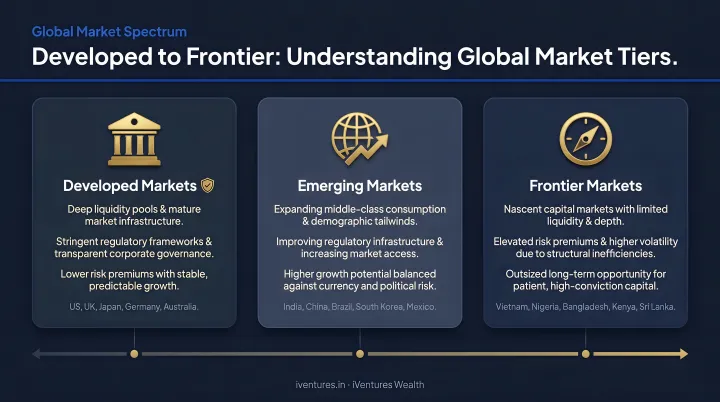 Three-tier global market spectrum from developed to frontier markets infographic