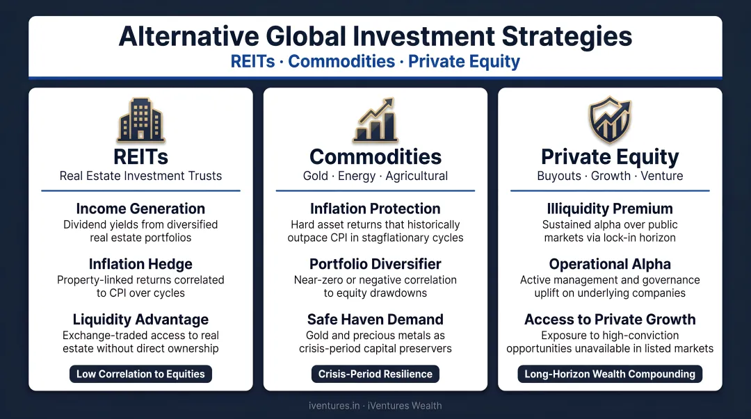 Three alternative global investment strategies REITs commodities private equity roles infographic